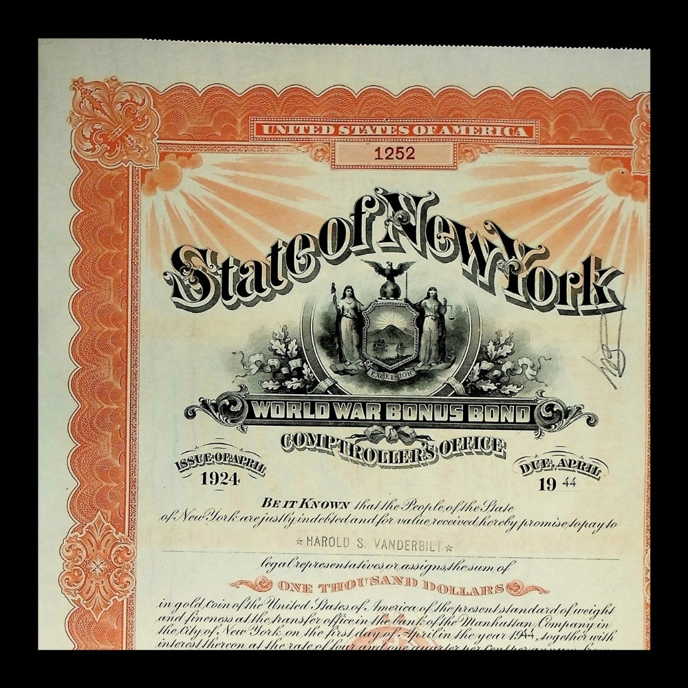 State of New York World War Bonus Bond (issued to Harold S. Vanderbilt) – New York, 1941 (Orange)