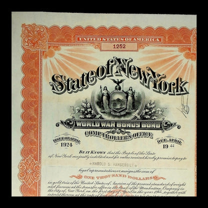 State of New York World War Bonus Bond (issued to Harold S. Vanderbilt) – New York, 1941 (Orange)
