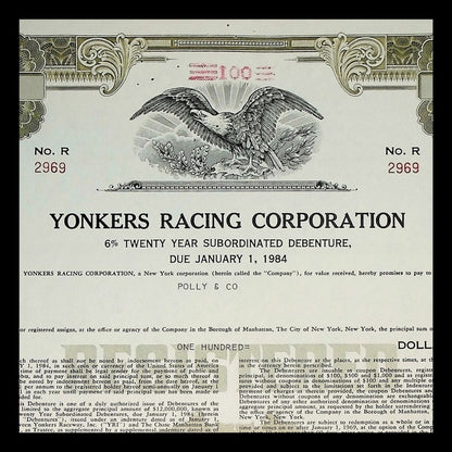 Yonkers Racing Corporation (Empire City Casino) Bond Certificate from 1972