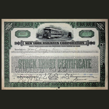 New York Railways Corporation Stock Certificate from 1920s