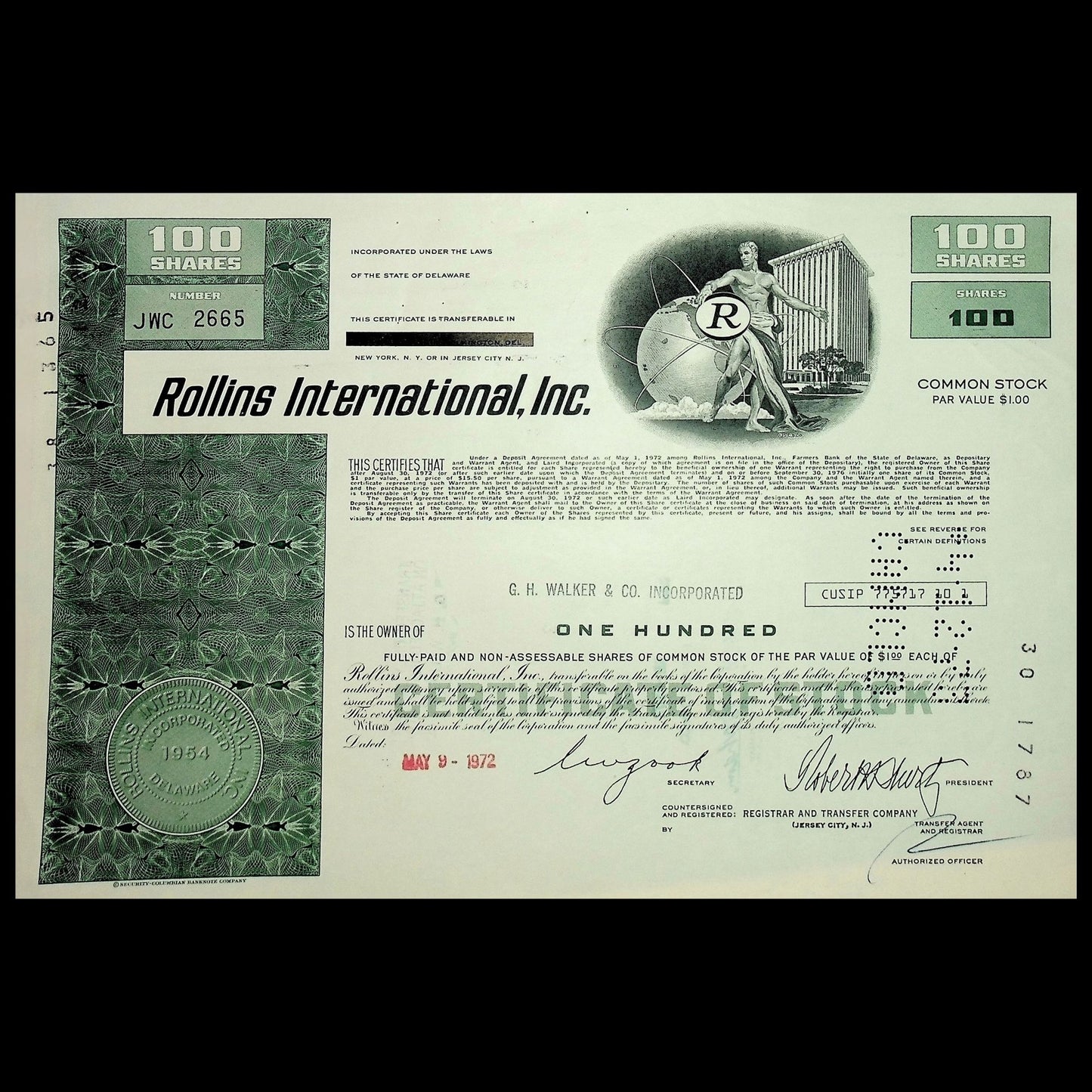 Rollins International (Pest Control & Trucking) Inc Stock Certificate