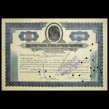Jerome Verde (Arizona) Development Company Stock Certificate from 1920s