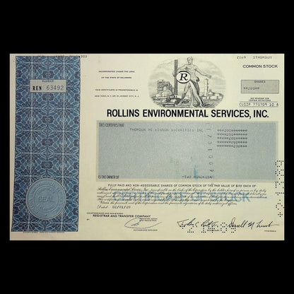 Rollins International (Pest Control & Trucking) Inc Stock Certificate