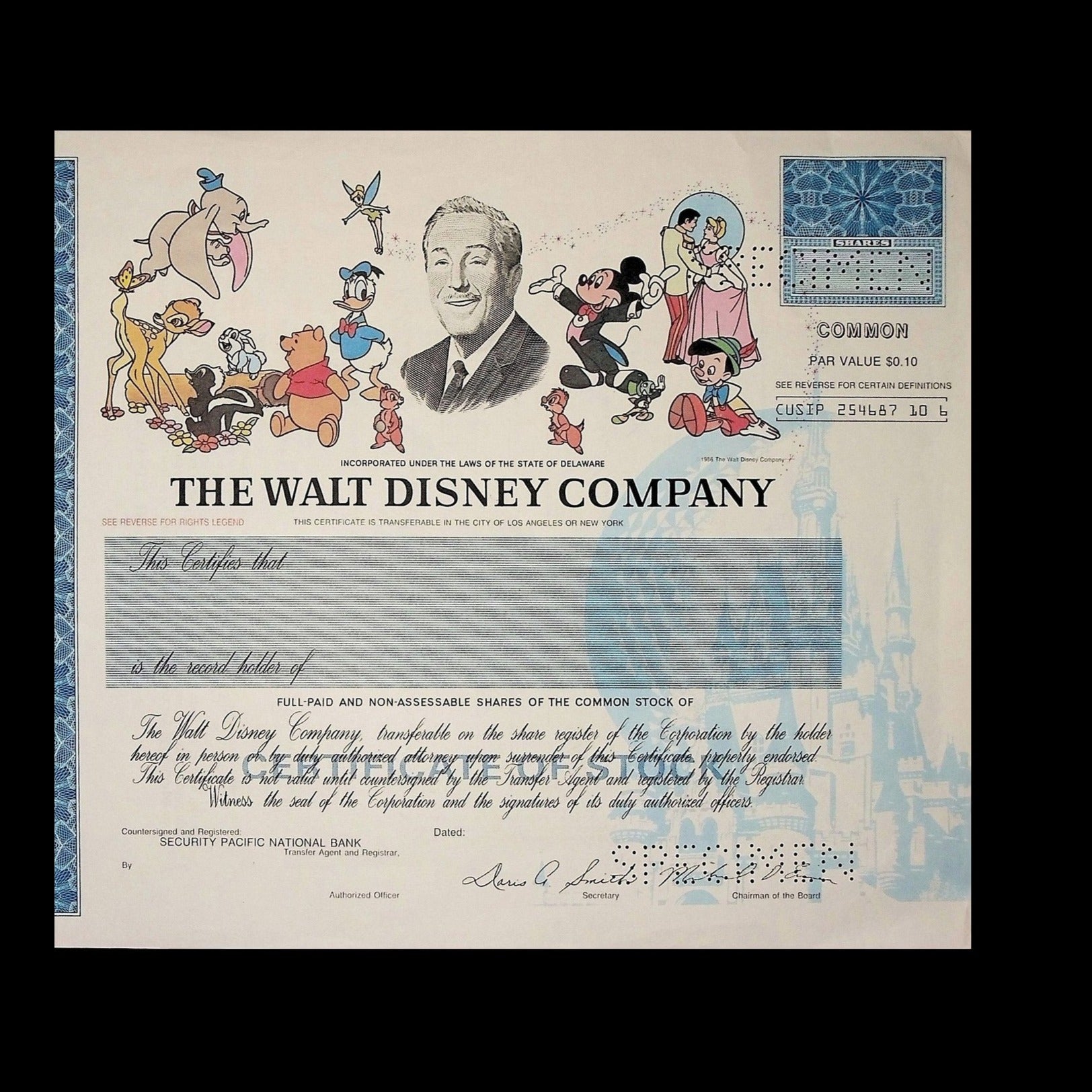 Walt Disney Company Specimen Stock Certificate from 1990