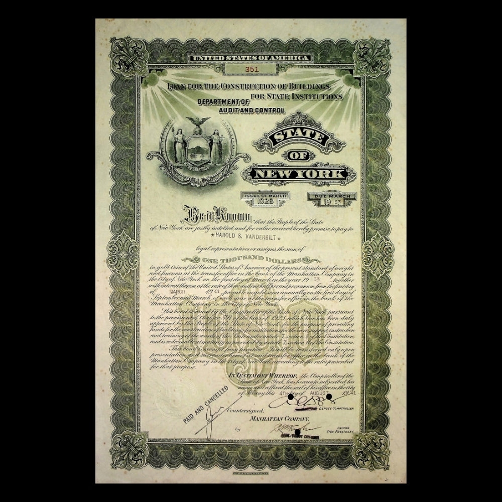 State of New York Bond issued to Harold S. Vanderbilt from 1921 - 1940s (Green)