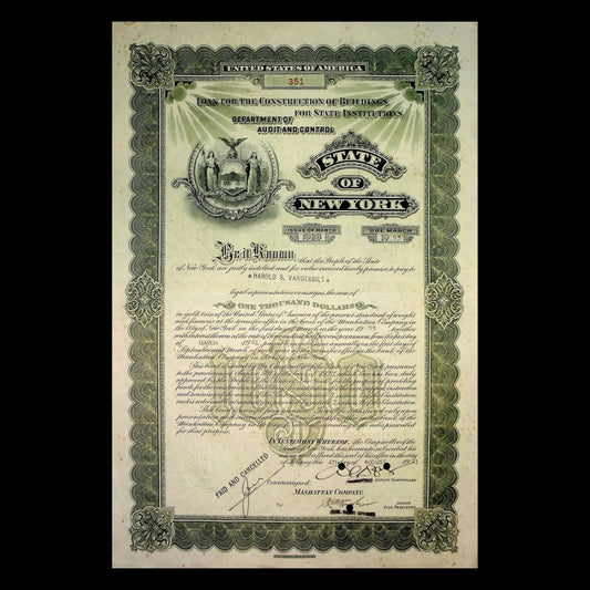 State of New York Bond issued to Harold S. Vanderbilt from 1921 - 1940s (Green)