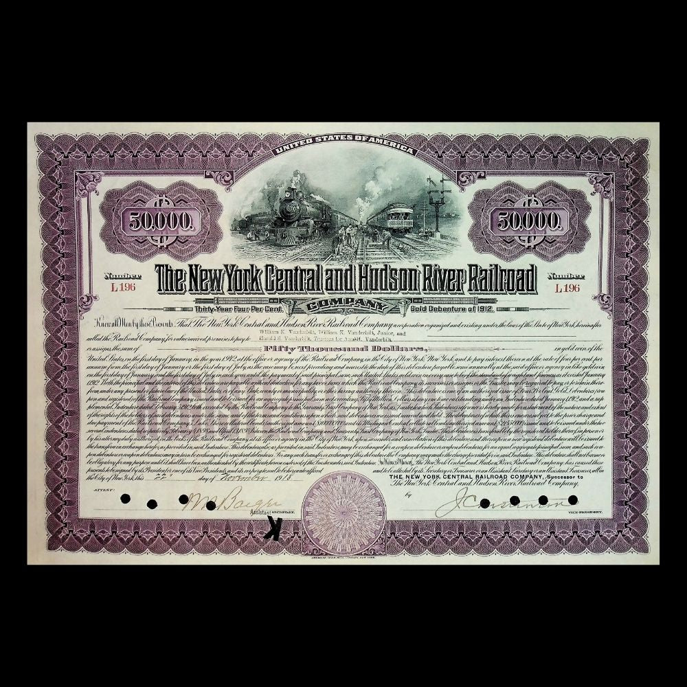 New York Central and Hudson River Railroad Company $5k Bond from 1918, Issued to William K. Vanderbilt
