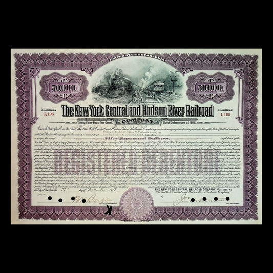 New York Central and Hudson River Railroad Company $5k Bond from 1918, Issued to William K. Vanderbilt