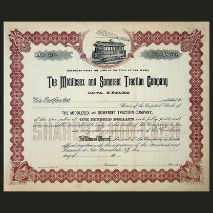 The Middlesex and Somerset Traction Company Unissued Stock Certificate from 1900s