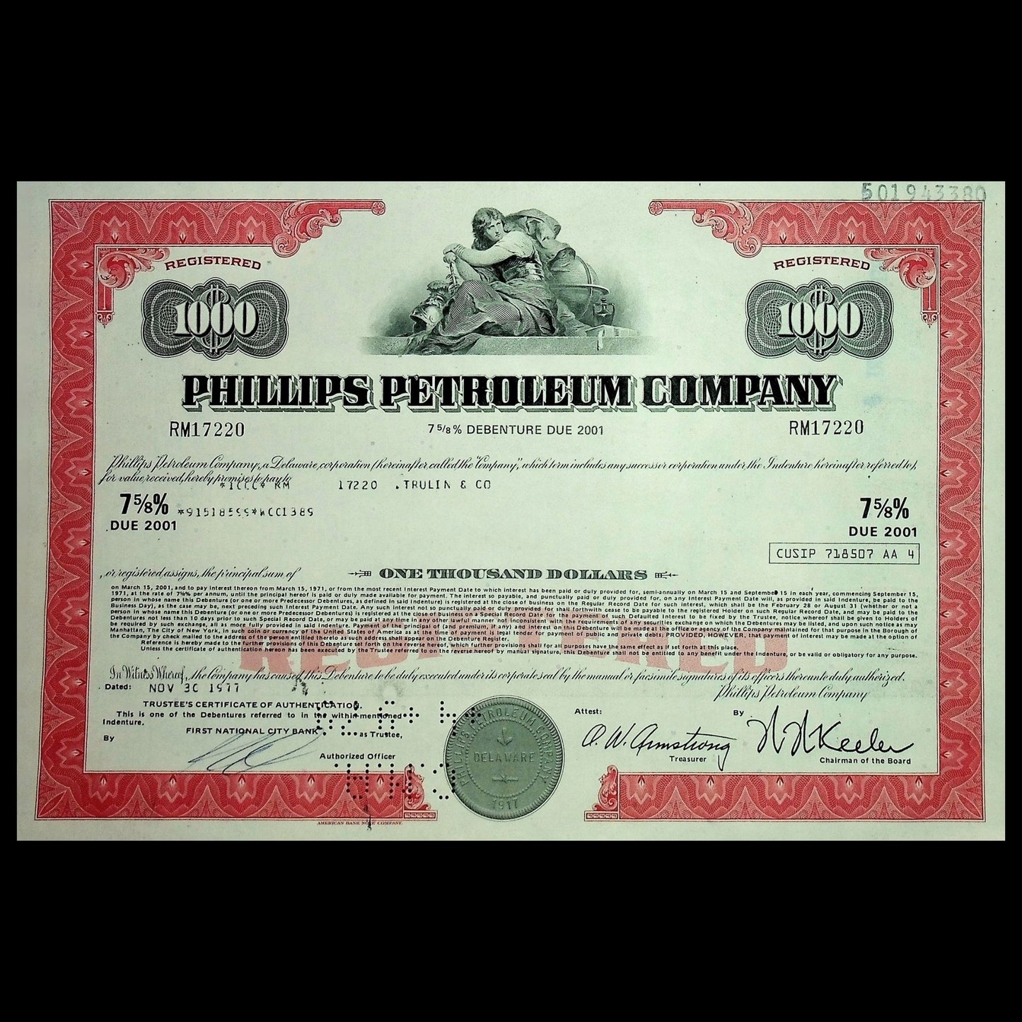 Phillips Petroleum (now ConocoPhillips) Company Bond Certificate from 1970s