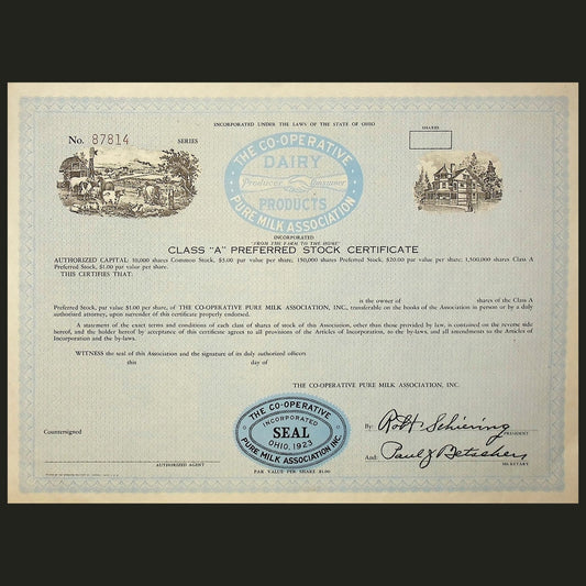 The Co-Operative Pure Milk Association Inc, Stock Certificate from 1920s Unissued