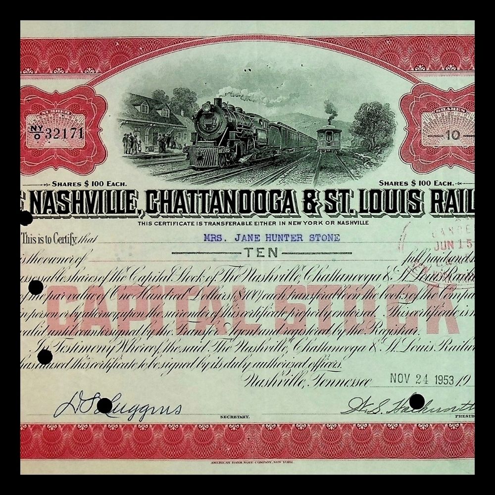 The Nashville, Chattanooga & St Louis Railway (now CSX) Stock Certificate from 1950s