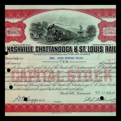 The Nashville, Chattanooga & St Louis Railway (now CSX) Stock Certificate from 1950s