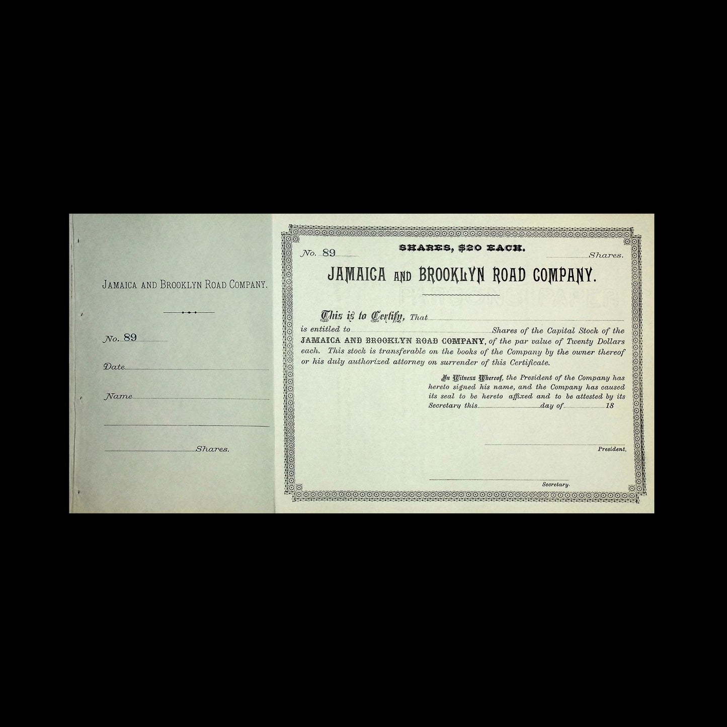 Jamaica and Brooklyn Road Company Stock Certificate from 1880s