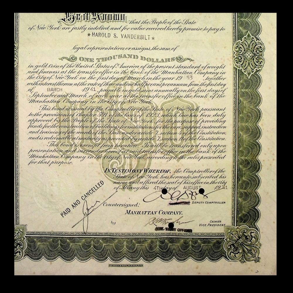 State of New York Bond issued to Harold S. Vanderbilt from 1921 - 1940s (Green)