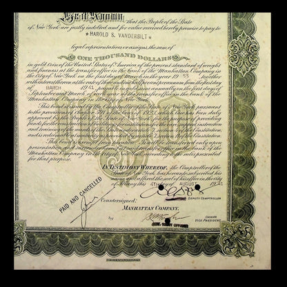 State of New York Bond issued to Harold S. Vanderbilt from 1921 - 1940s (Green)