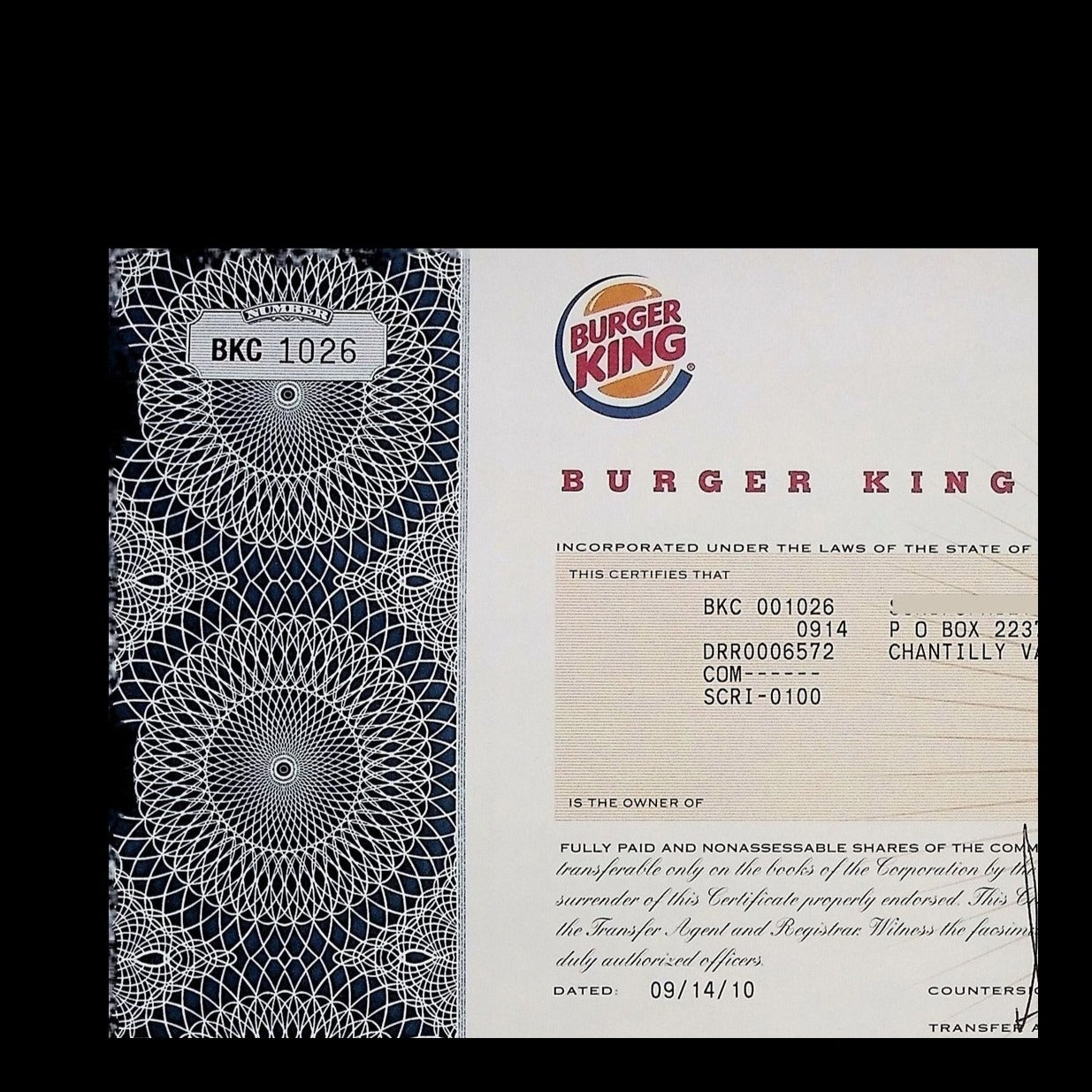 Burger King Holdings Stock Certificate from 2010