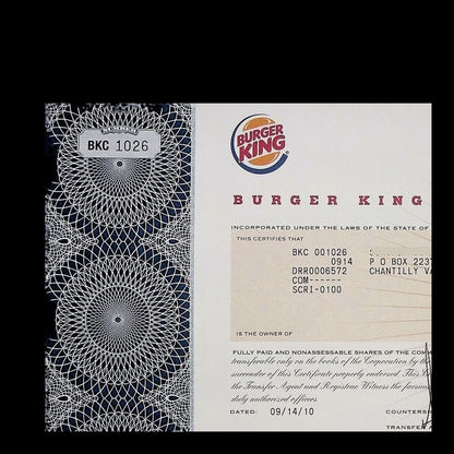Burger King Holdings Stock Certificate from 2010