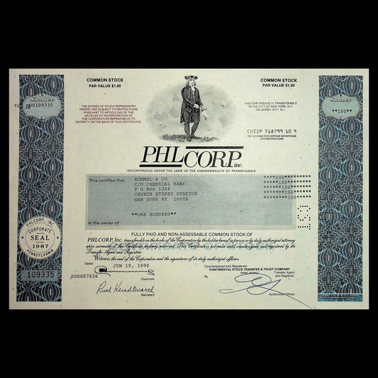 PHL Corp Inc, Stock Certificate from 1990s