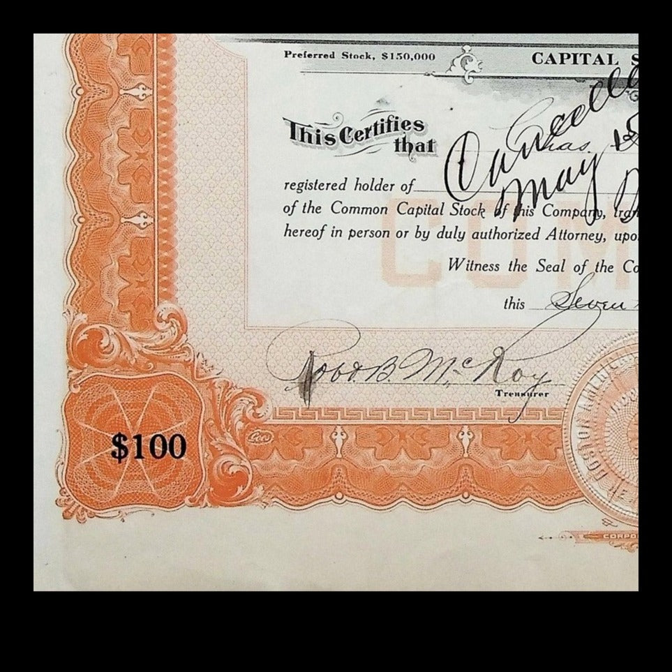 Boston American League Base-Ball Club Stock Certificate from 1913 - Signed by James McAleer Red Sox