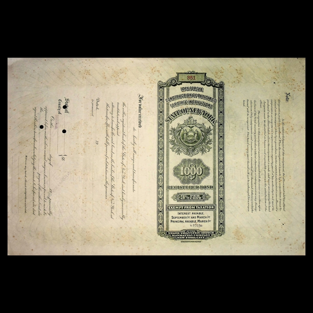 State of New York Bond issued to Harold S. Vanderbilt from 1921 - 1940s (Green)