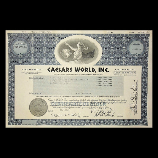 Caesars World Casino Stock Certificate from 1970s