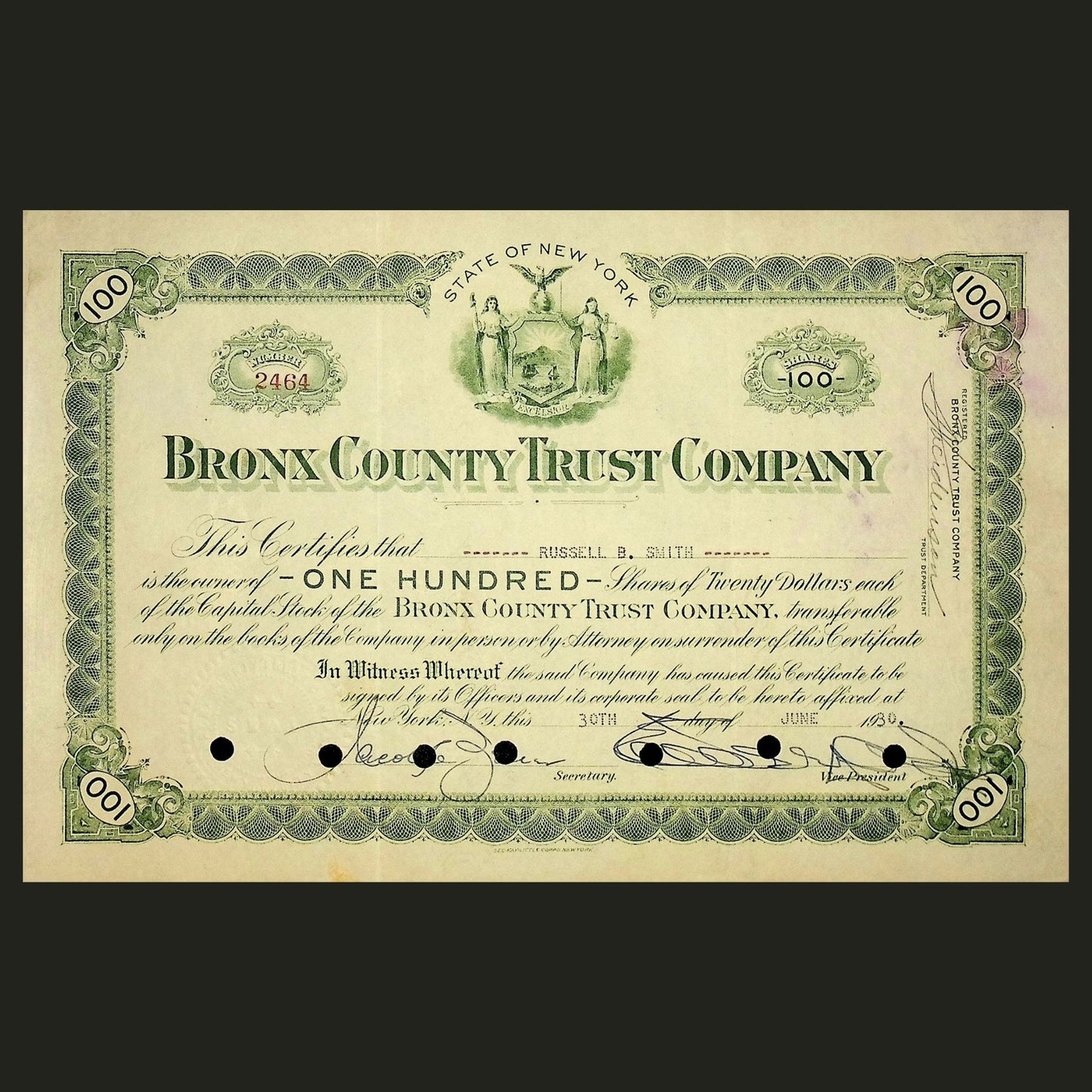 Bronx County Trust Company Stock Certificate from 1930