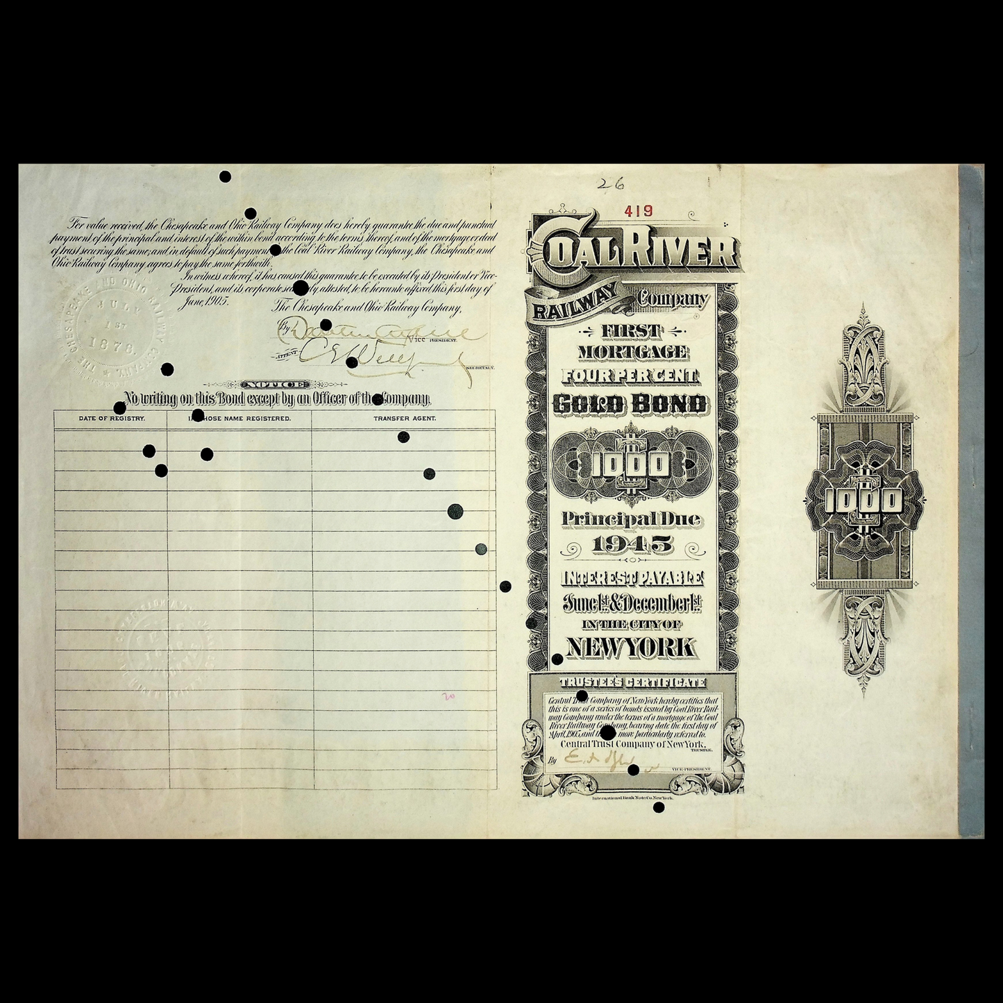 Coal River Railway Company (West Virginia) Gold Bond from 1905