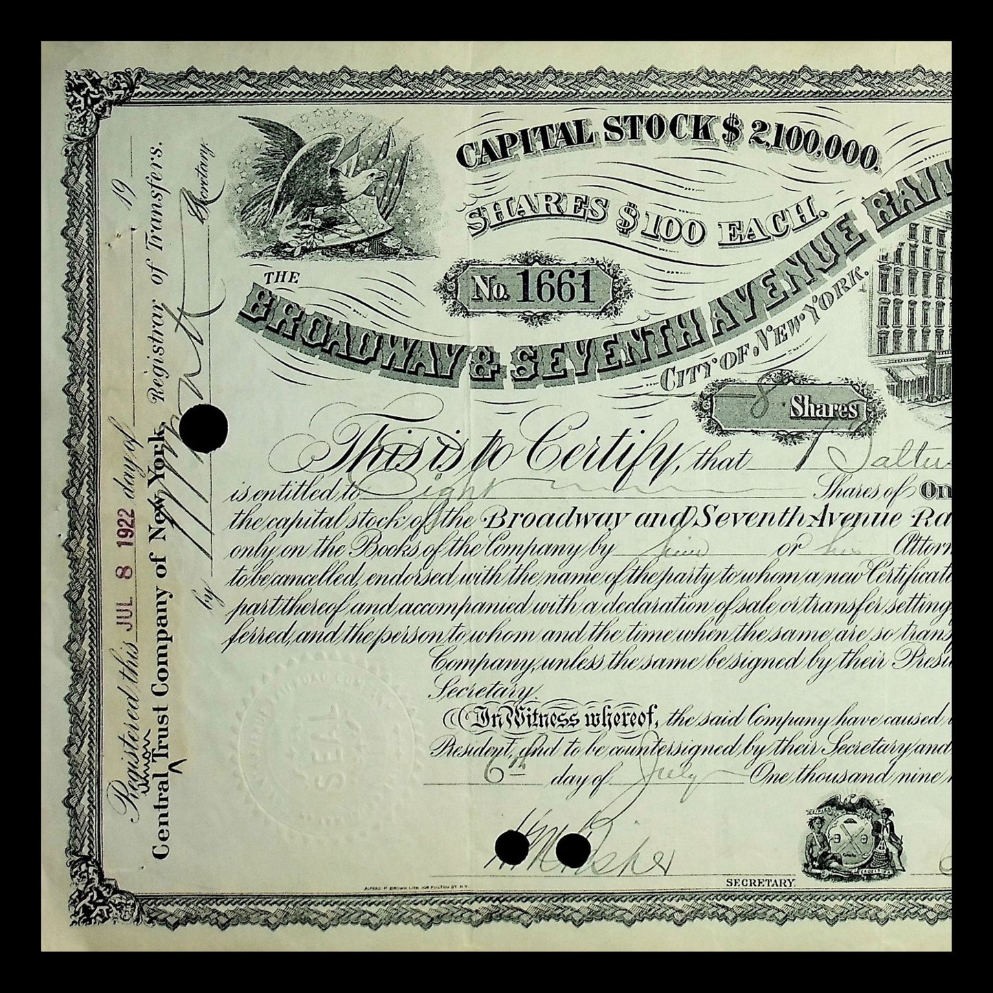 Broadway & Seventh Avenue (NYC) Rail Road Company Stock from 1922