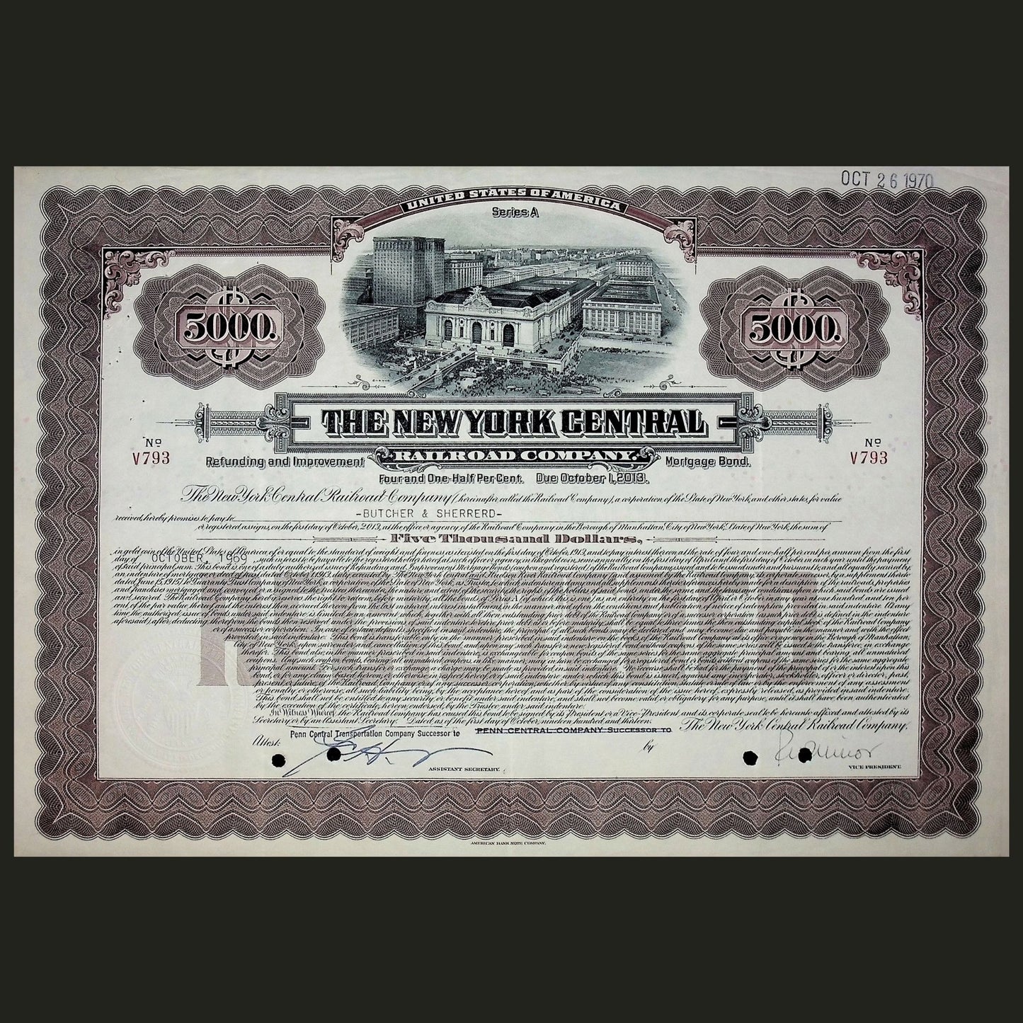 New York Central Railroad Company Bond (ft Grand Central Terminal) from 1960s - 3 Color Options