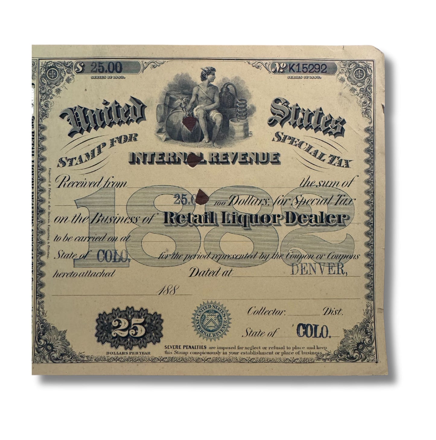 IRS Retail Liquor License Dealer Certificate from 1870/80s