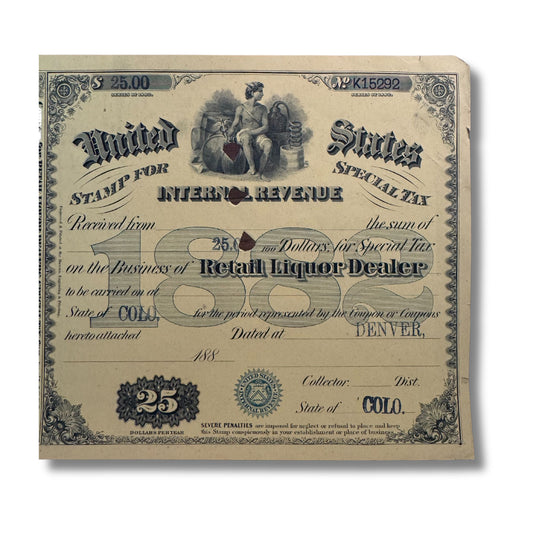 IRS Retail Liquor License Dealer Certificate from 1870/80s