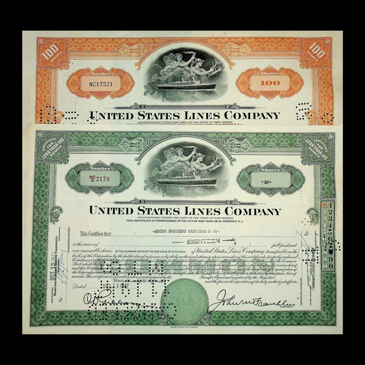 United States Lines (Maritime shipping) Company Stock Certificate from 1940s - Two colors