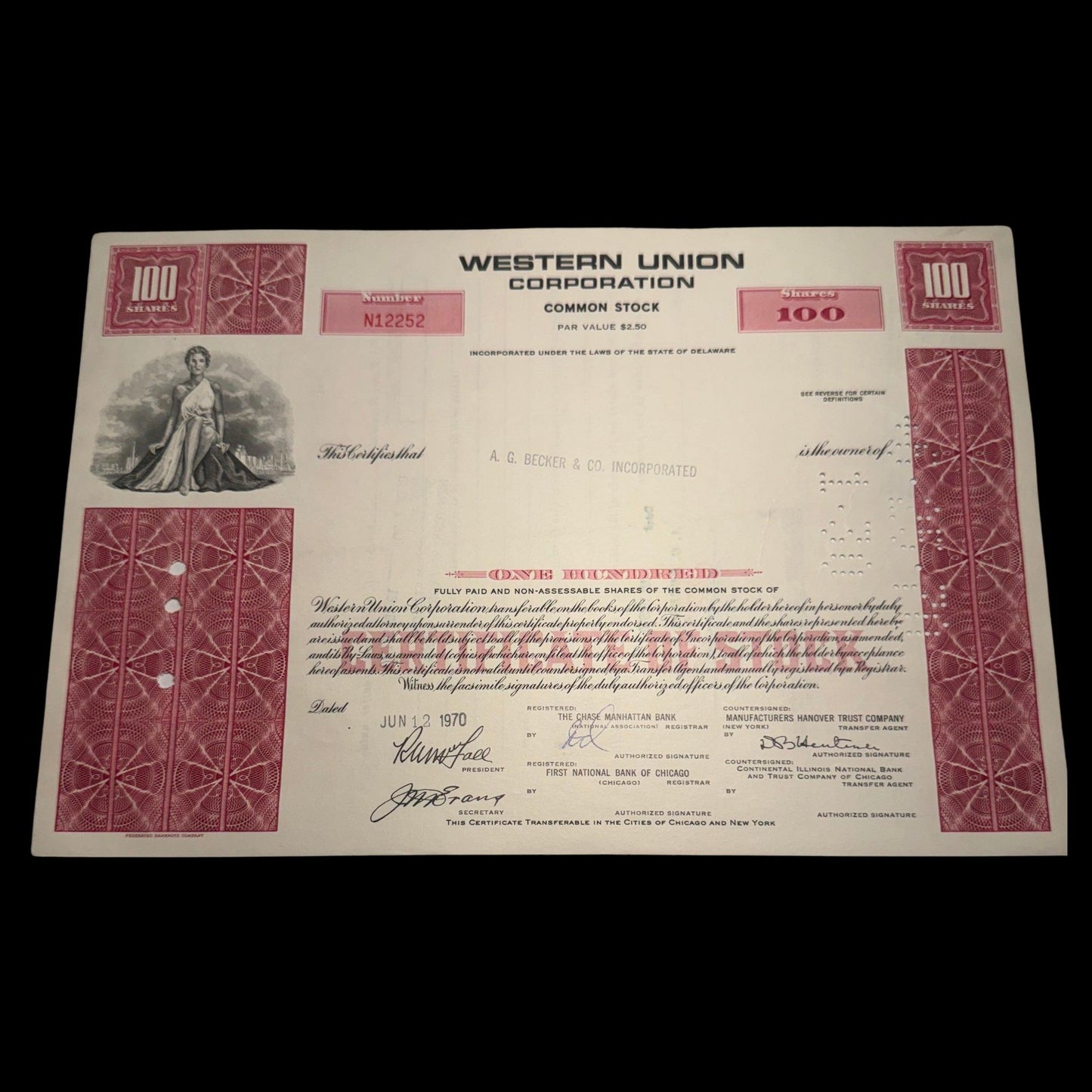 Western Union Telegraph Company Stock Certificate from 1960s - Red/Brown