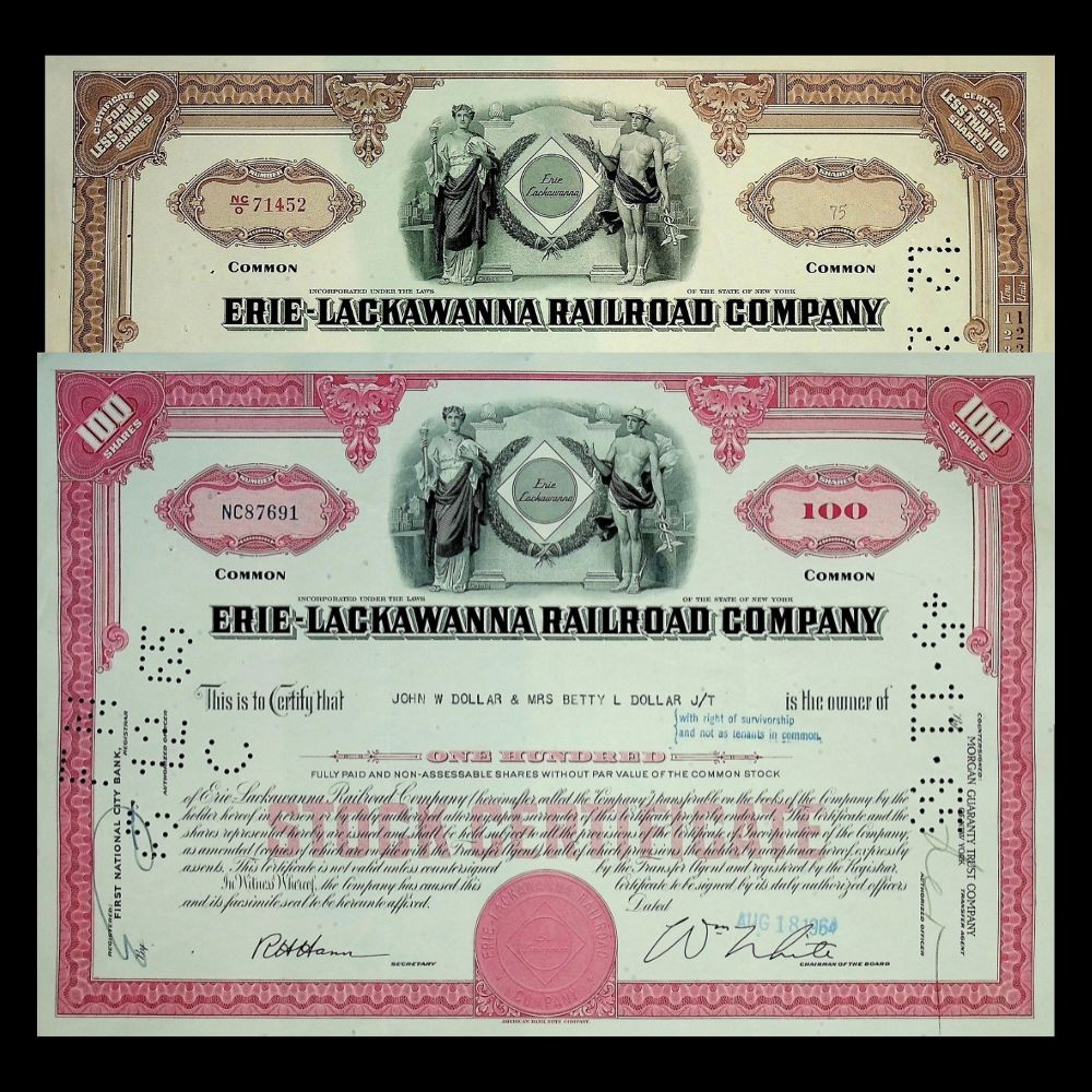 Erie Lackawanna Railroad Company Stock Certificate from 1960s