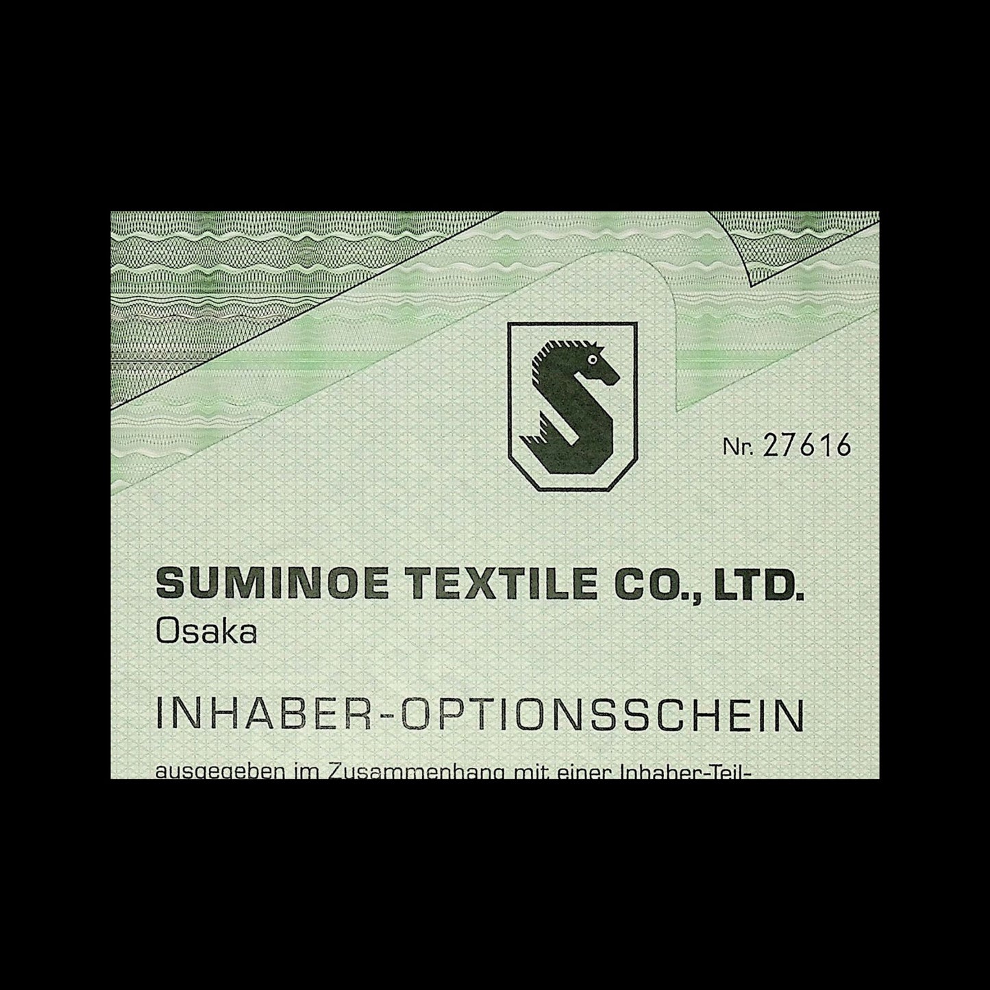 SUMINOE Textile Co, Ltd (Japan) German Warrant Certificate from 1988