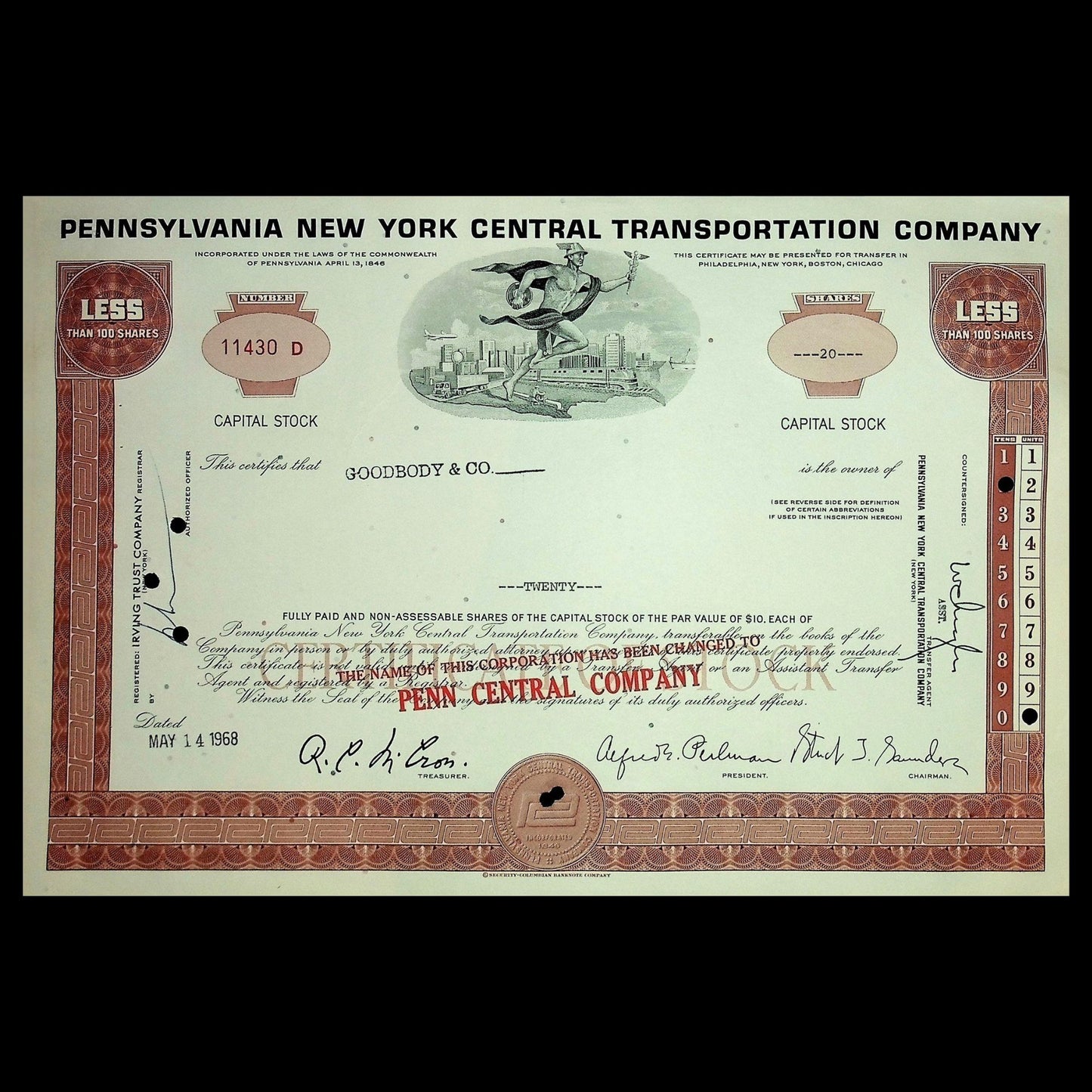 Pennsylvania New York Central Transportation Company (blue or red) Stock Certificate from 1960s