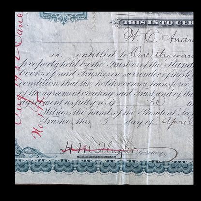 Standard Oil Trust Stock Certificate signed by John D Rockefeller and Henry Flagler from 1882