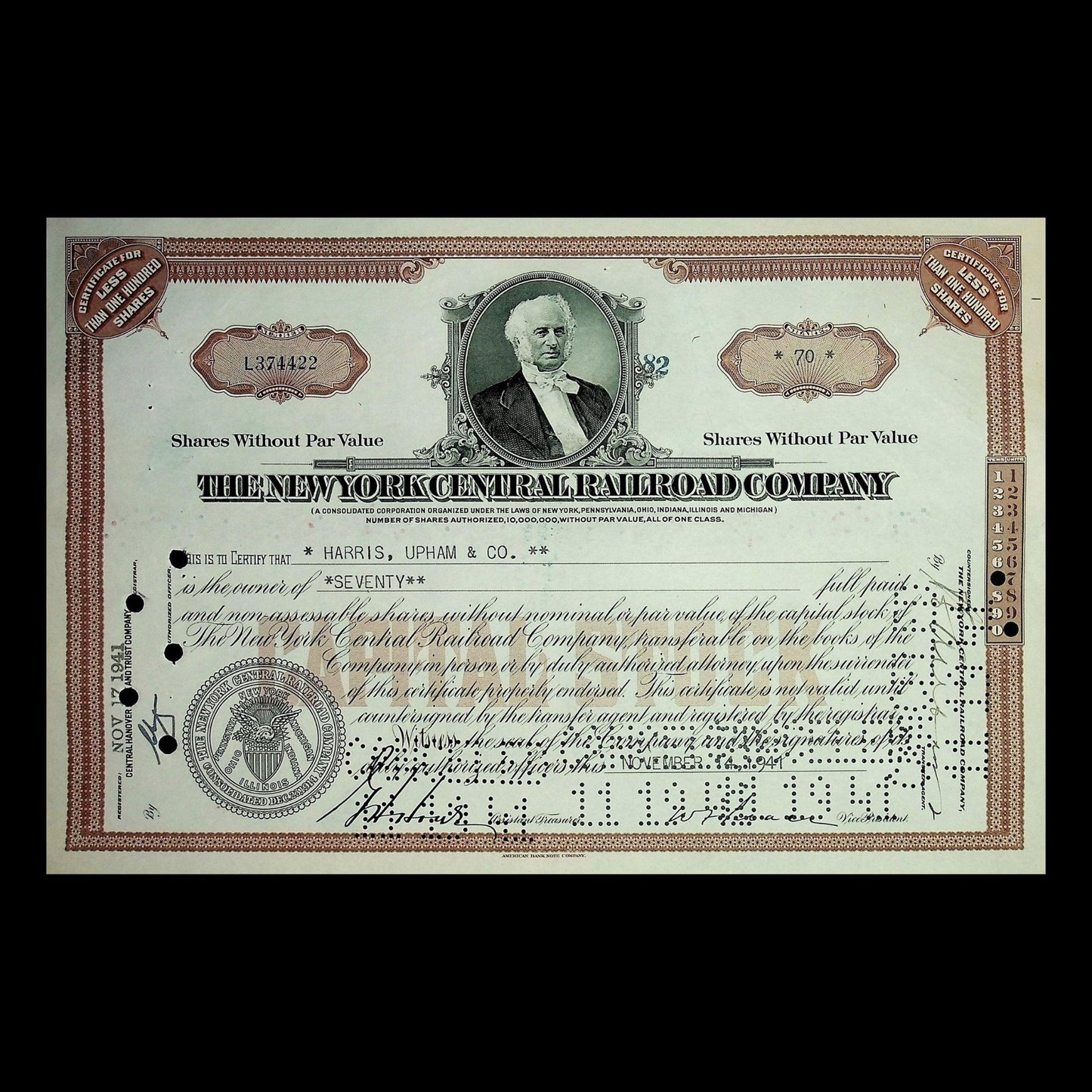 New York Central Railroad Company Stock Certificate from 1964