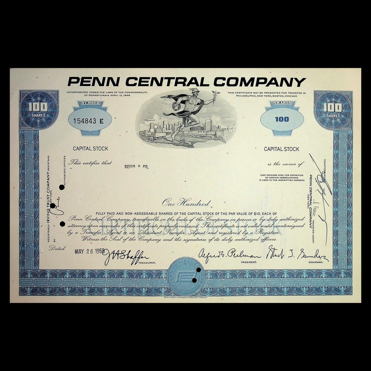 Penn Central Company Railroad Stock Certificate from 1960s/70s (4 color options)