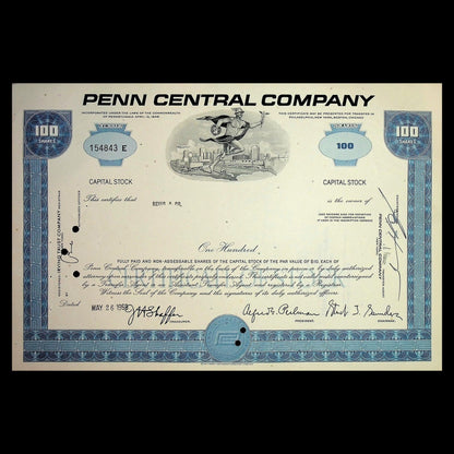 Penn Central Company Railroad Stock Certificate from 1960s/70s (4 color options)