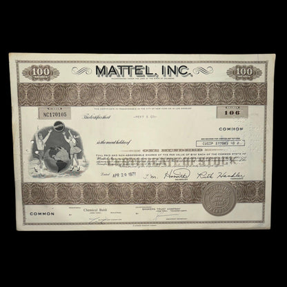 Mattel Inc Stock Certificate (Toy Company) $MAT from 1970s