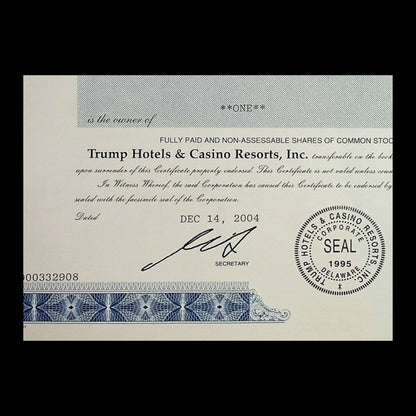 Trump Hotels & Casino Resorts Inc, Original and Rare Issued Stock Certificate from 2004 with Donald Trump portrait and printed signature