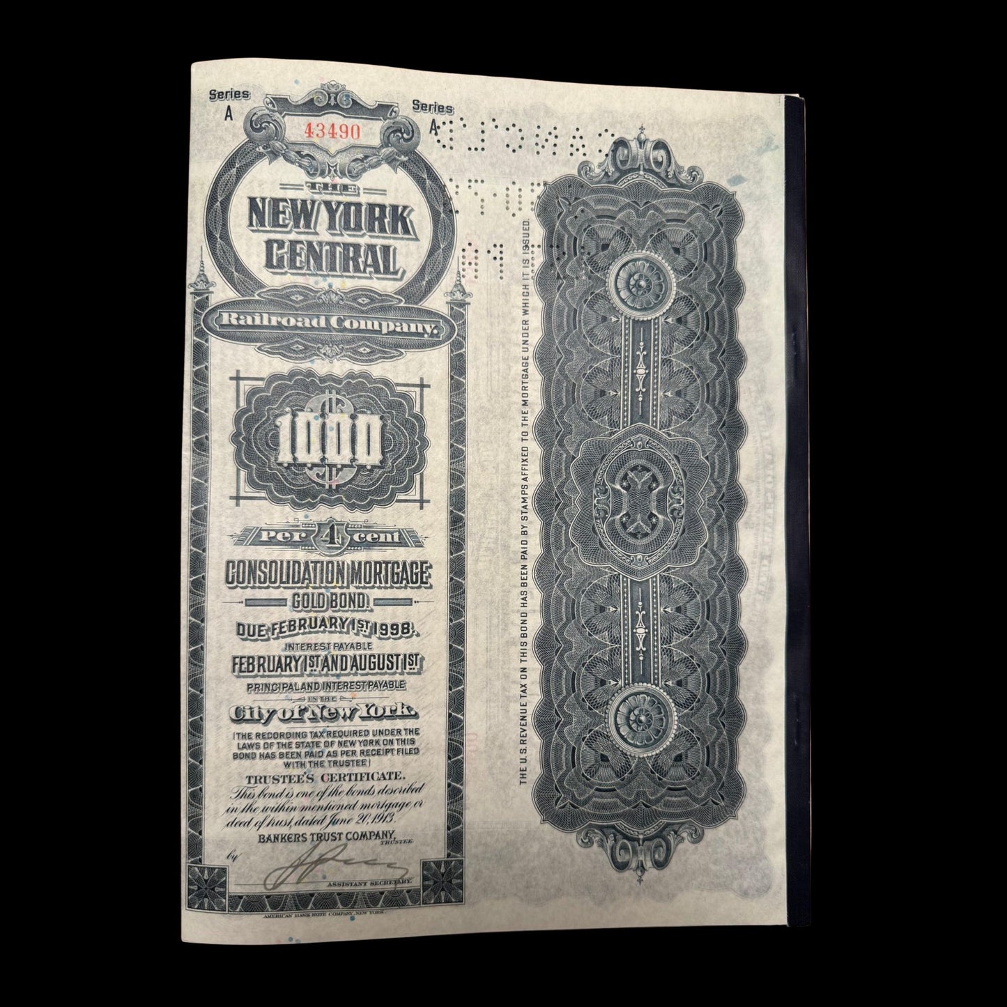 New York Central Railroad Company Bond (with coupons) from 1913