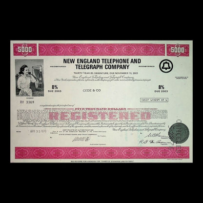 New England Telephone and Telegraph Company Stock Certificate from 1970s – Multi-Color
