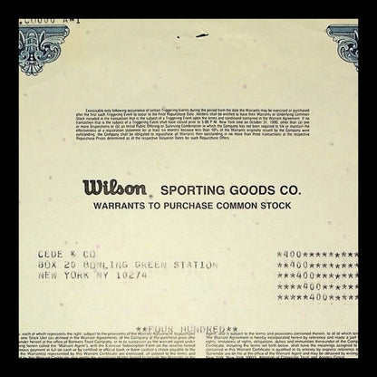 Wilson Sporting Goods Co. Stock Warrant Certificate from 1985