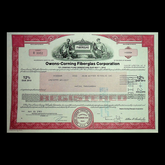 Owens-Corning Fiberglas Corporation Bond Certificate from 1983