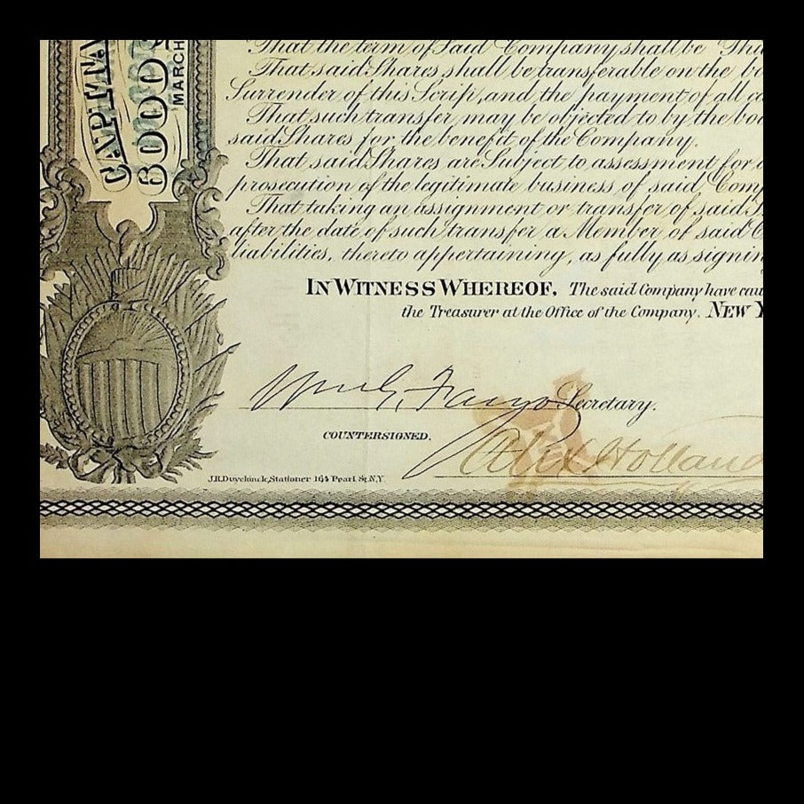American Express Company Stock Certificate from 1865 Signed by Fargo & John Butterfield