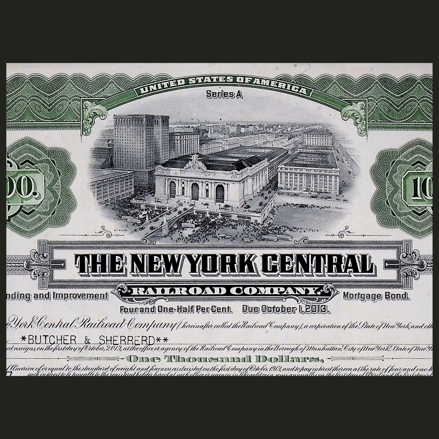 New York Central Railroad Company Bond (ft Grand Central Terminal) from 1960s - 3 Color Options