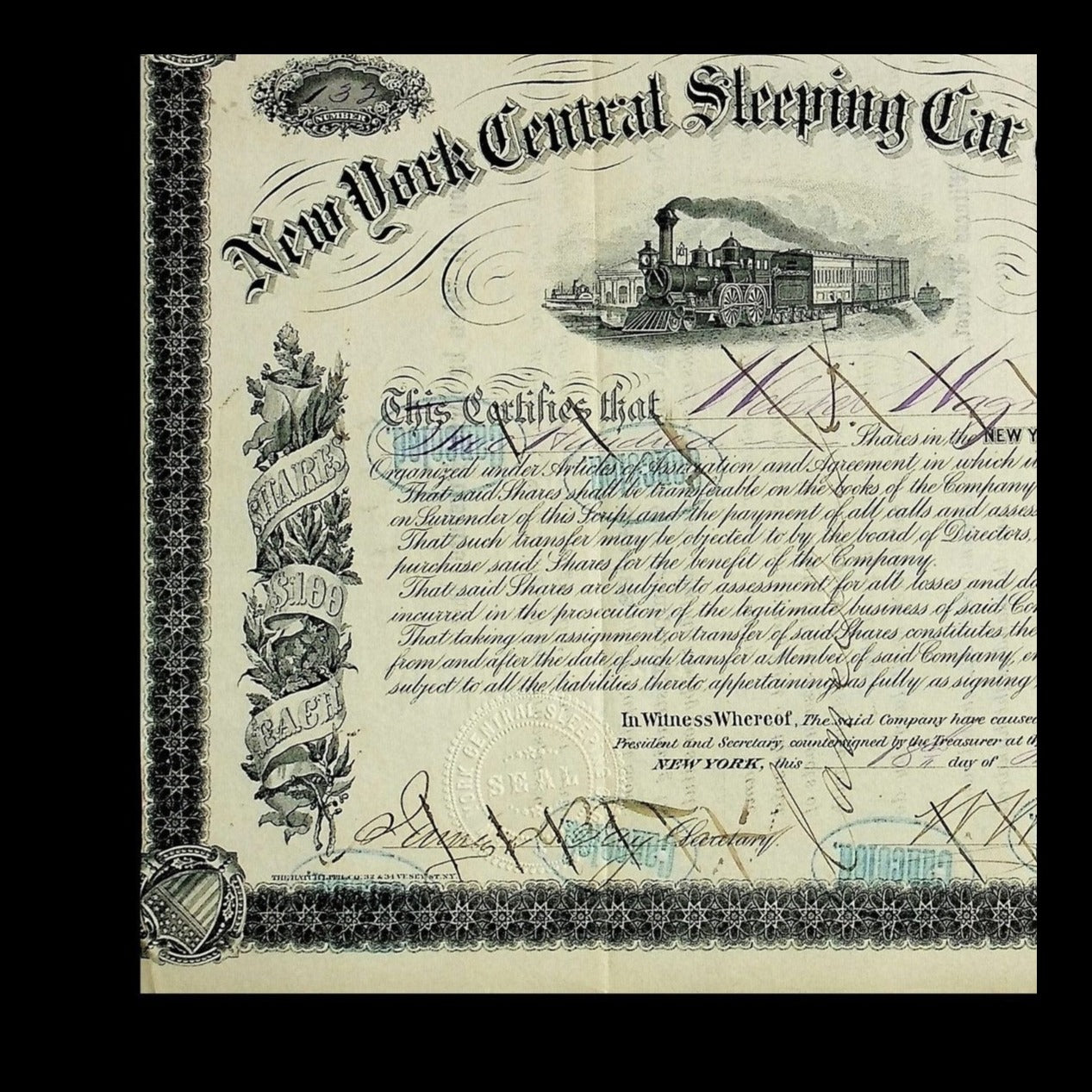 New York Central Sleeping Car Company Stock Certificate from 1878